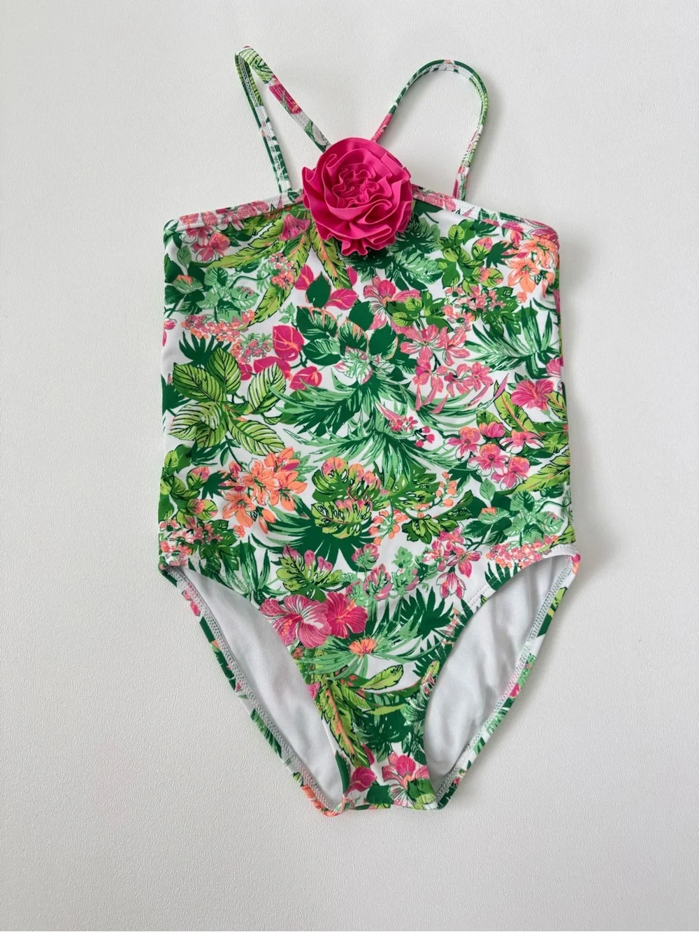 Janie and Jack Tropical Floral One Piece Swimsuit Girls Size 6 Pink Rosette